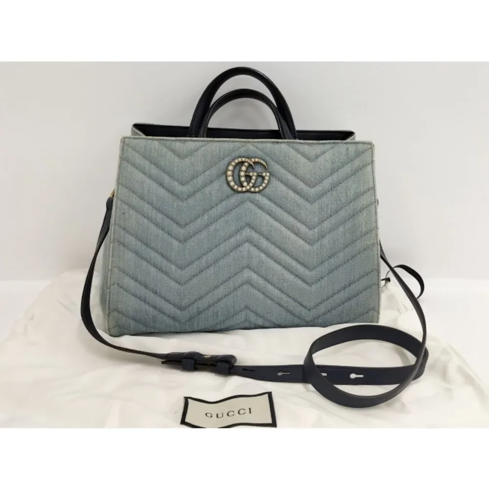 GUCCI Shoulder Bag GG Marmont Quilted Canvas Denim Blue